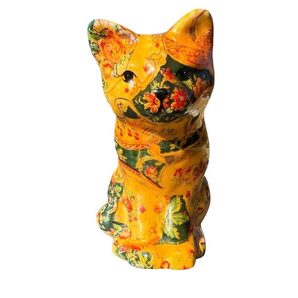 Vintage 80’s Ceramic Cat Figurine Glazed Fabric Patchwork 6.5” Tall Decoupage